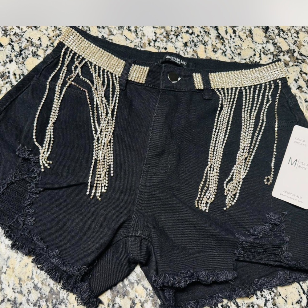 American Bazi Black Jean Shorts with Silver Accents